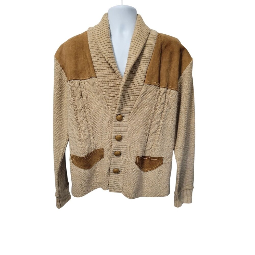 Vintage 1960's Cardigan Mens‎ L Cardigan Pockets Suede Yoke Tan Brown Grandpa